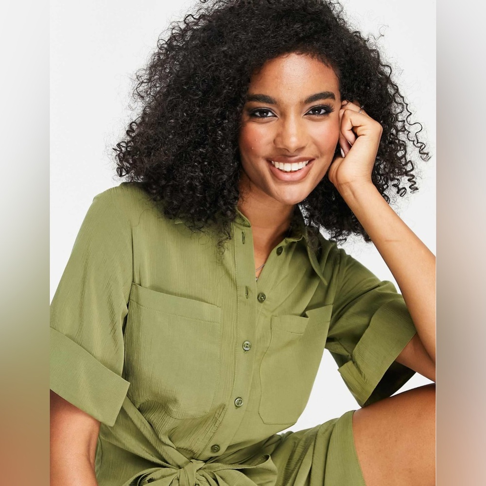Topshop plisse midi tie front midi shirt dress in green
